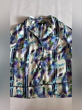 J.Crew Navy Striped Floral Blouse with Blue & Purple Blooms